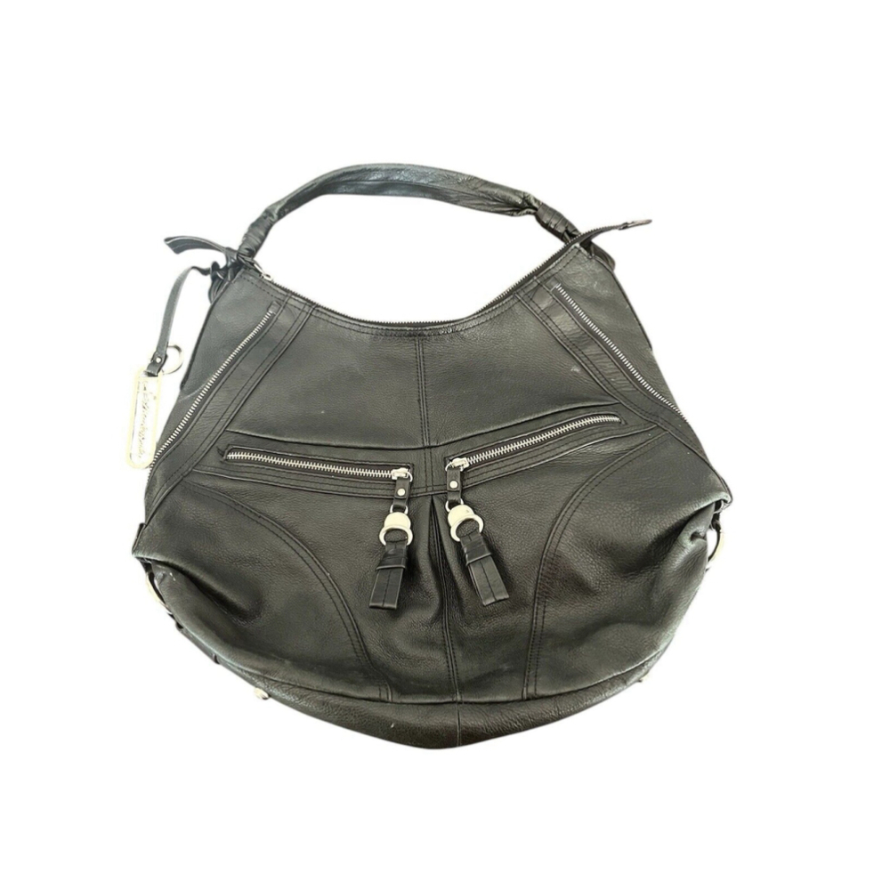 B. Makowsky Shoulder Bag Black Leather Hobo Handbag Purse
